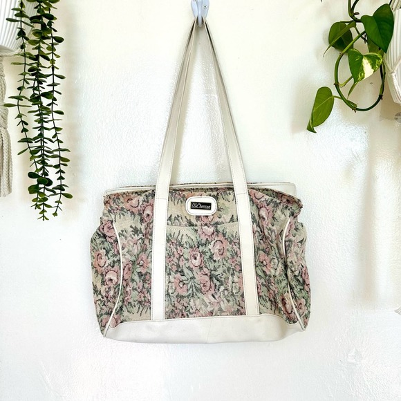 VTG Dainty Pastel Floral Rose Garden Tapestry Embroidered Duffle Bag - Picture 1 of 11